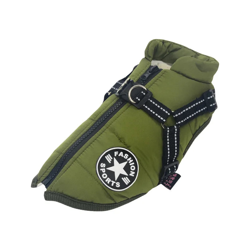 Green dog vest with 'Fashion Sports' logo on a white background