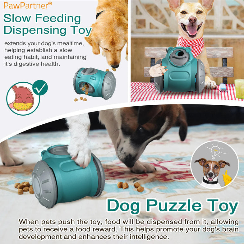 Dog puzzle toy with text explaining its benefits for dogs' health and intelligence.