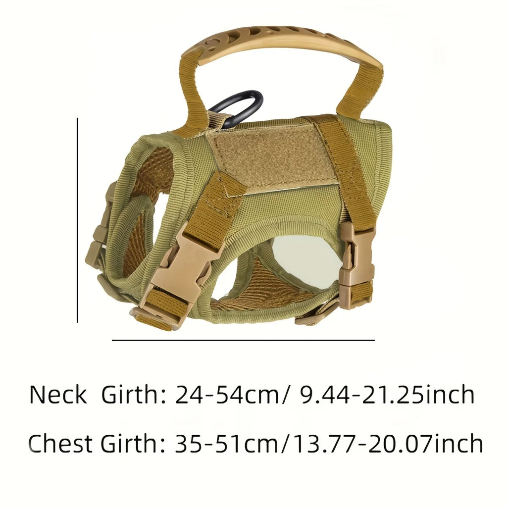Tan dog harness with measurement details on a white background