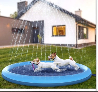 Two products: a blue inflatable splash pad with water sprays and a green silicone scrubber.