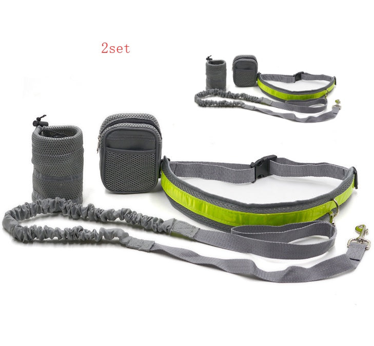 Set of gray and green dog training equipment including a leash, collar, and pouch on a white background.