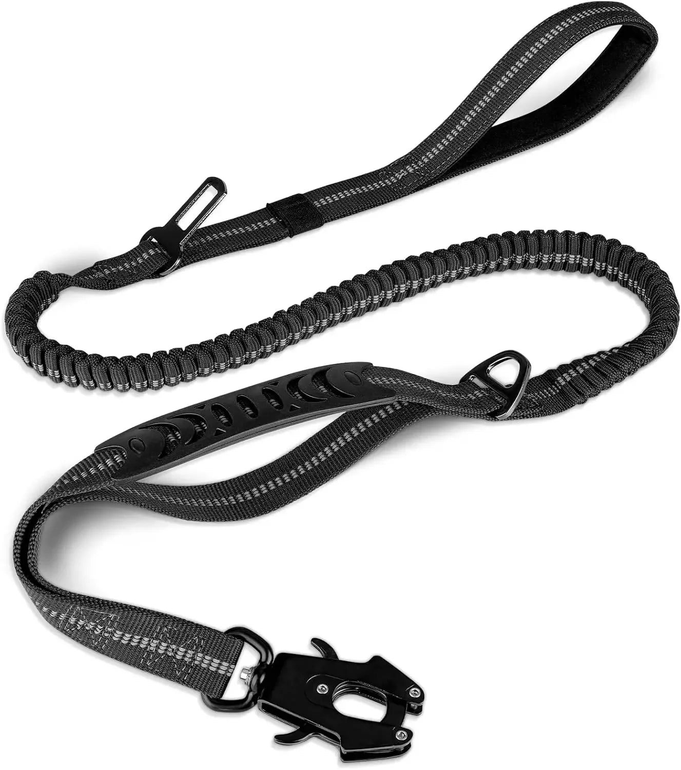 Black dog leash with a metal clip on a white background