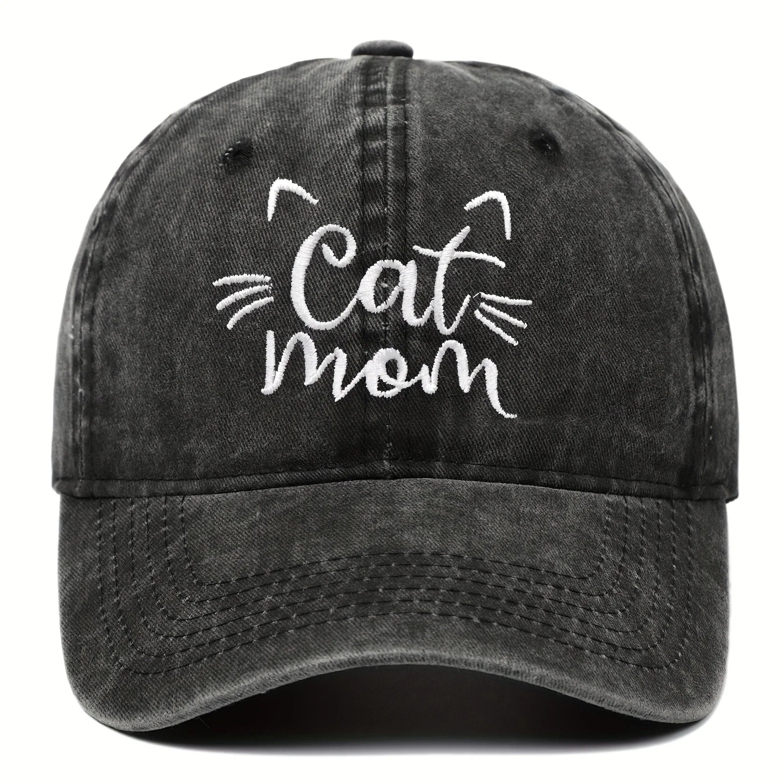 Black cap with 'Cat Mom' text and cat whiskers design on a white background