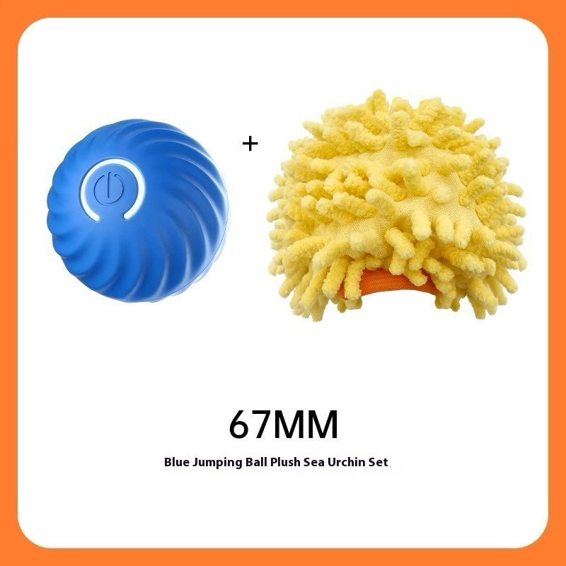 Blue jumping ball and yellow plush sea urchin on a white background with orange border