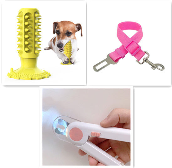 Collage of a yellow dog toy, a pink dog leash, and a white flashlight with a pink light bulb.