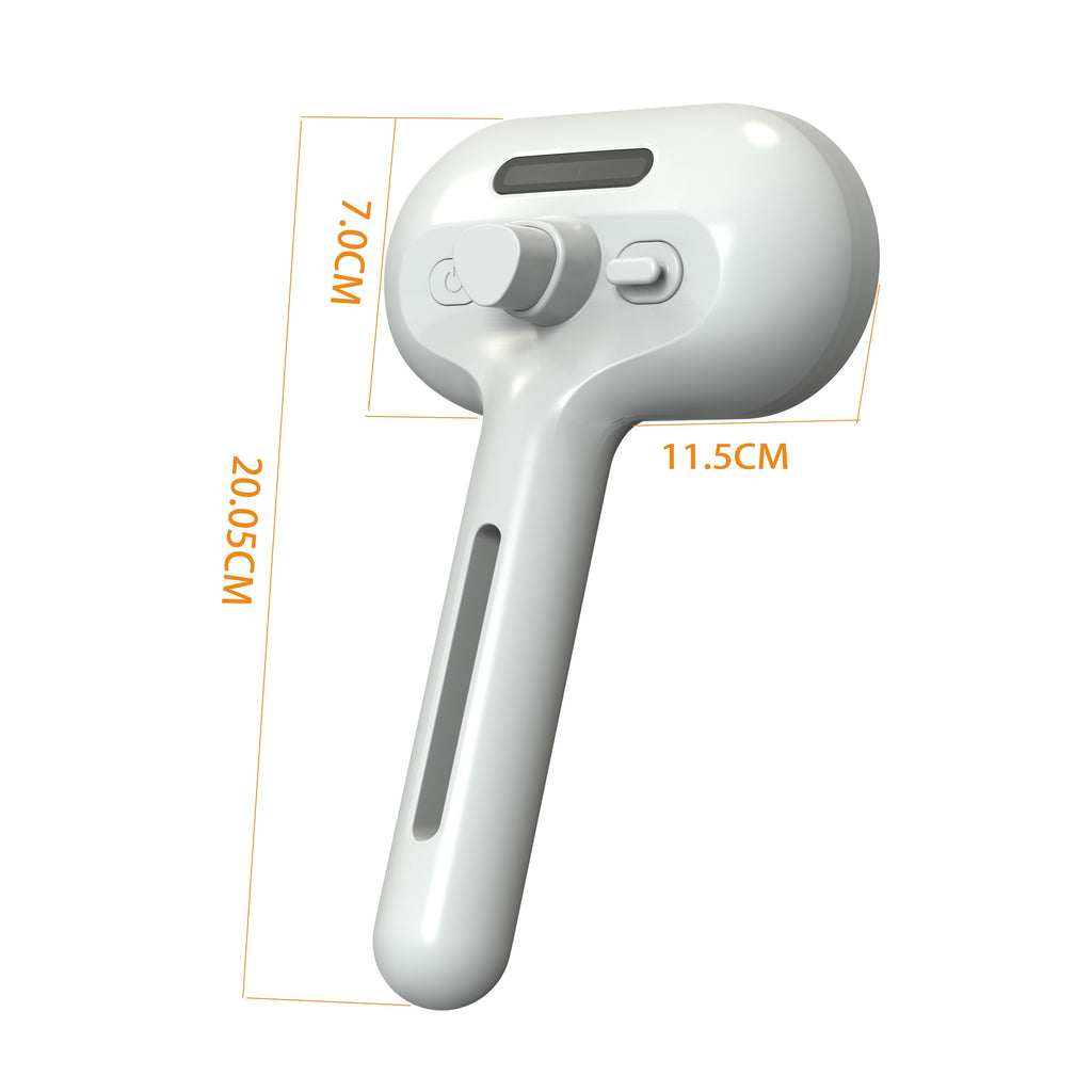 White hair dryer with dimensions indicated on a white background