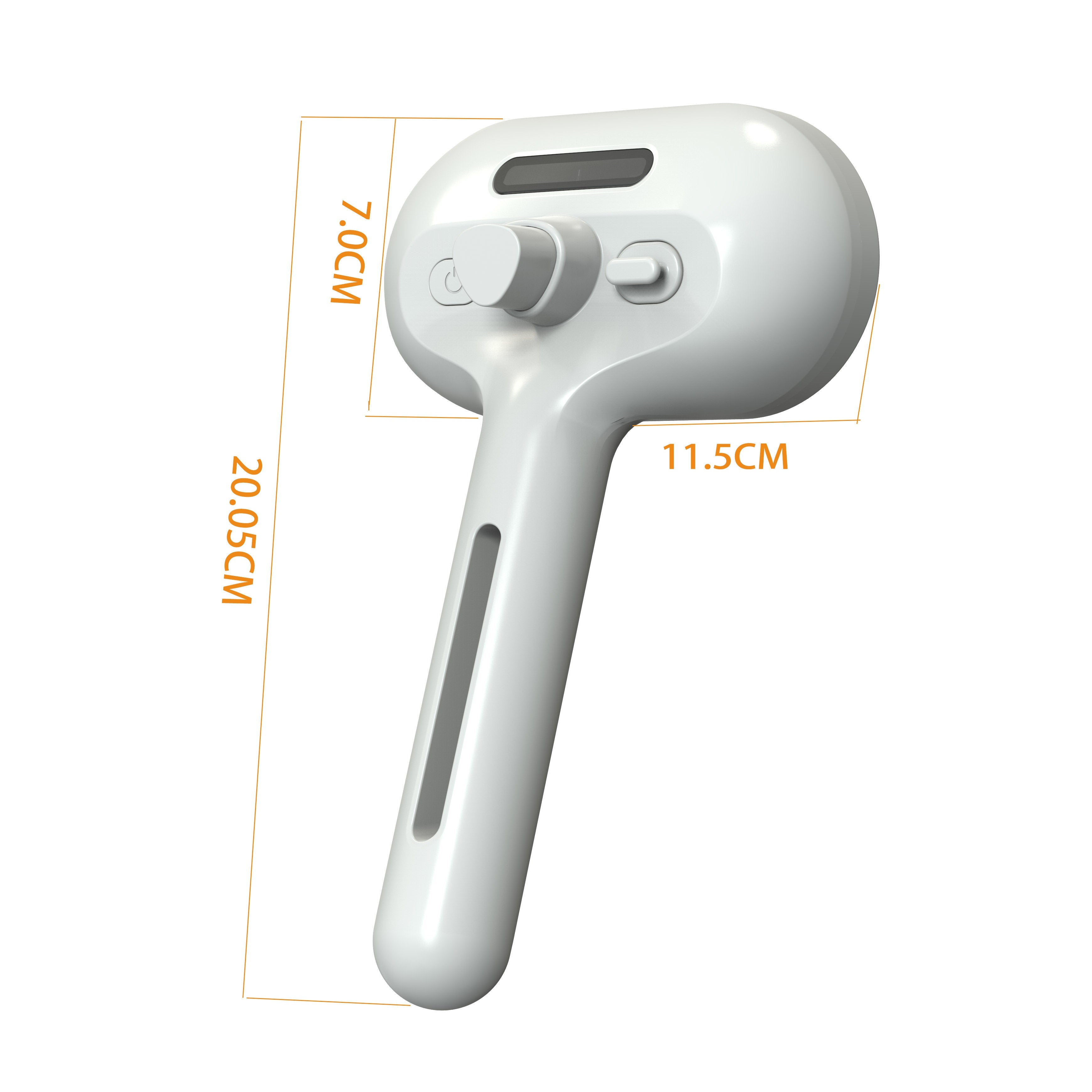 White hair dryer with dimensions indicated on a white background