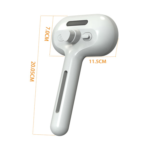 White hair dryer with dimensions indicated on a white background