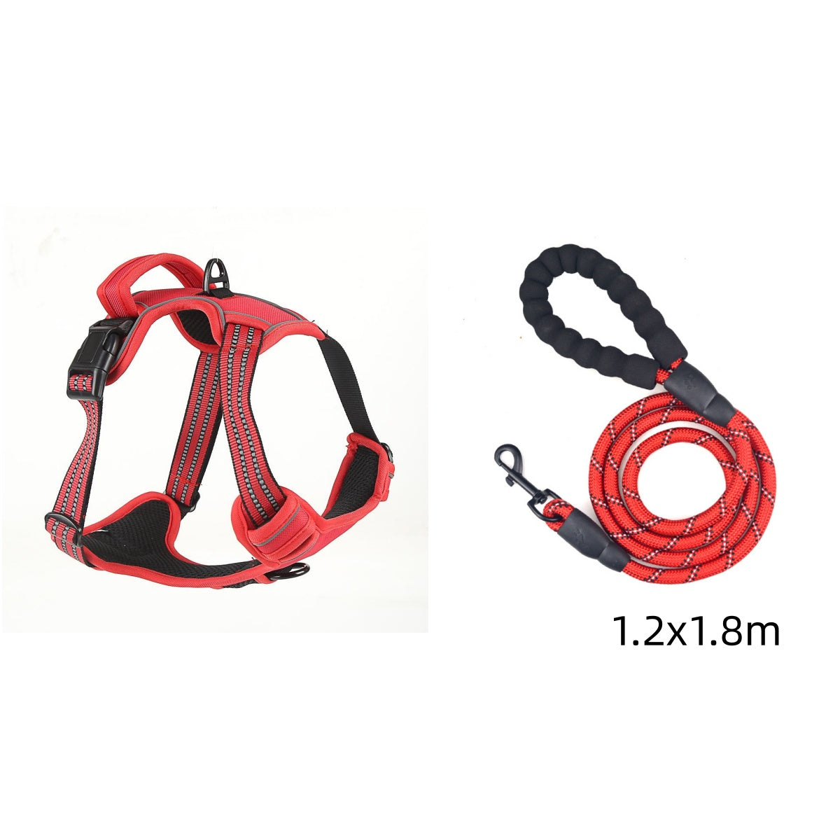 Red dog harness and leash set on a white background