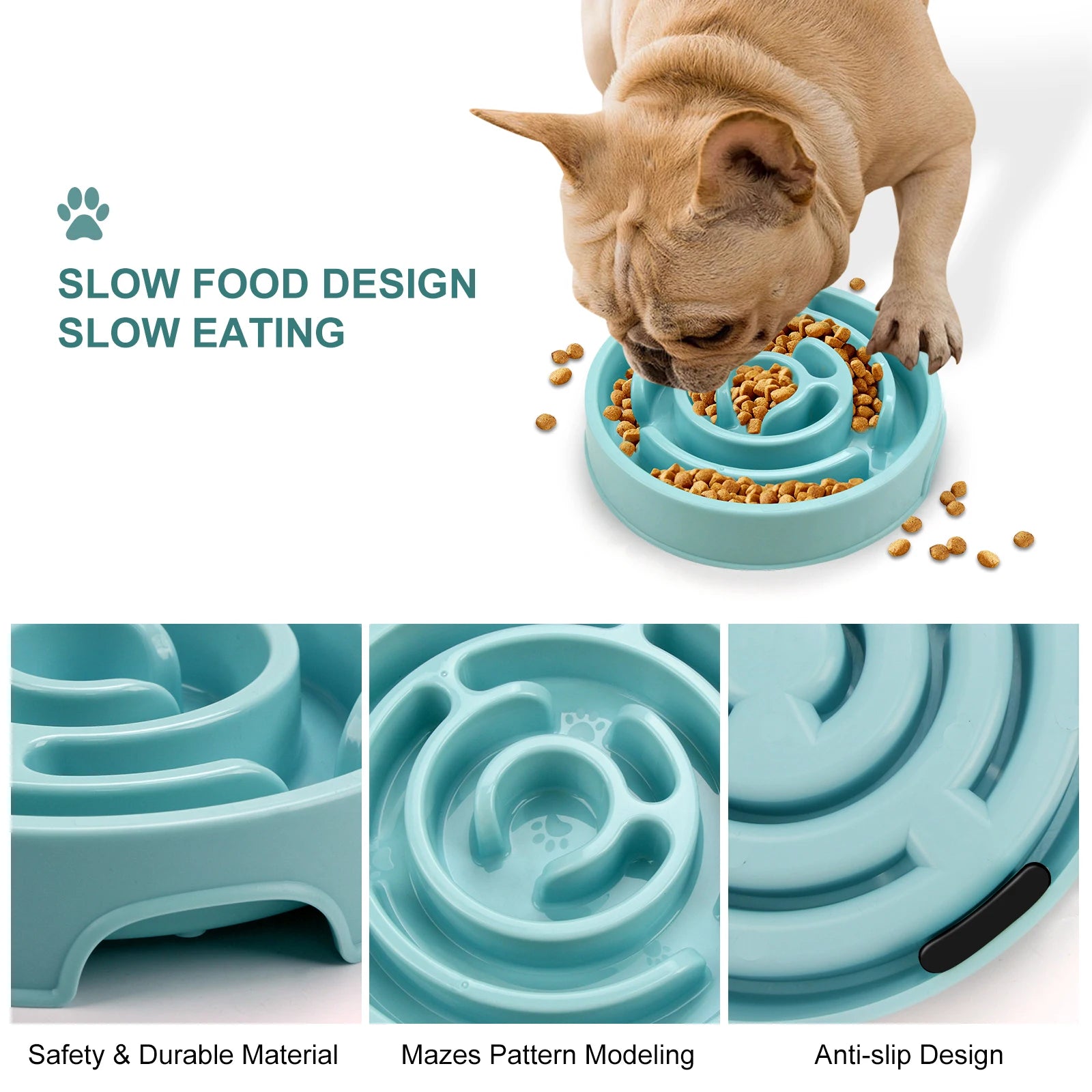 Dog eating from a slow feed bowl with text on slow food design and features.