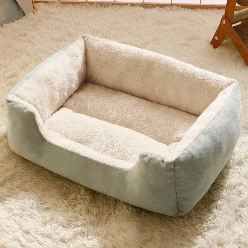 Beige pet bed on a fluffy white carpet