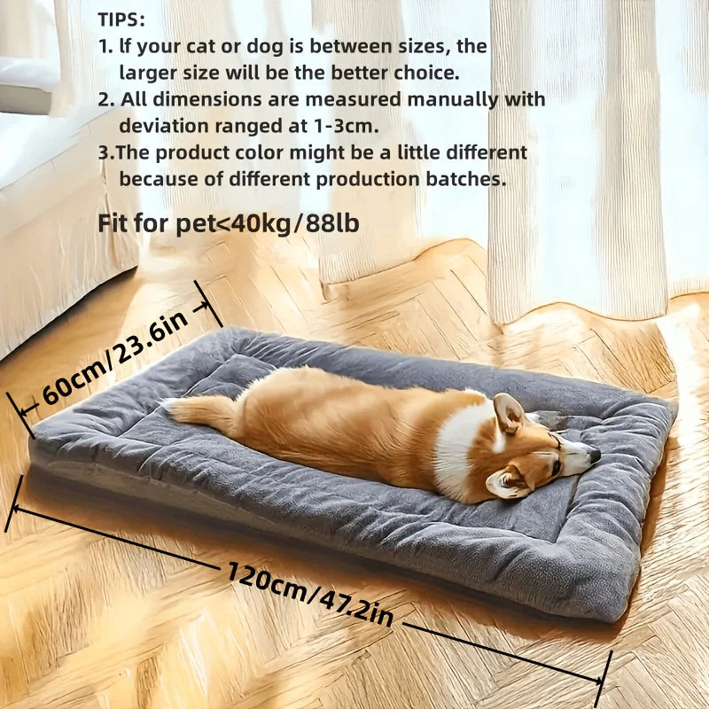 Dog lying on a gray pet bed with measurements and product details.