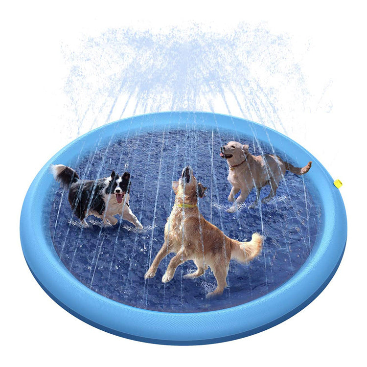 Blue inflatable sprinkler pad with dogs playing on a white background