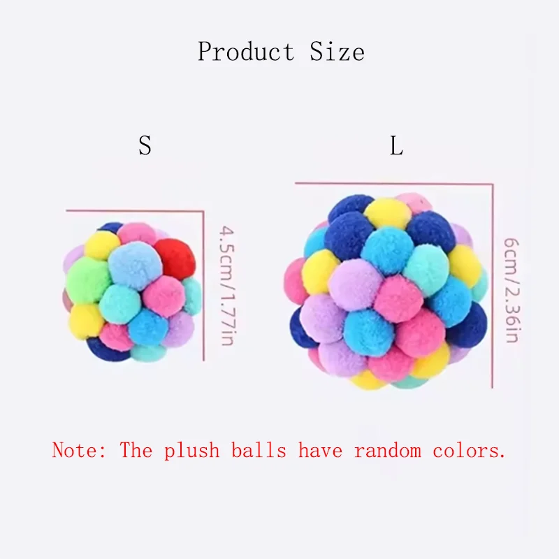 Colorful plush balls with size labels S and L on a white background