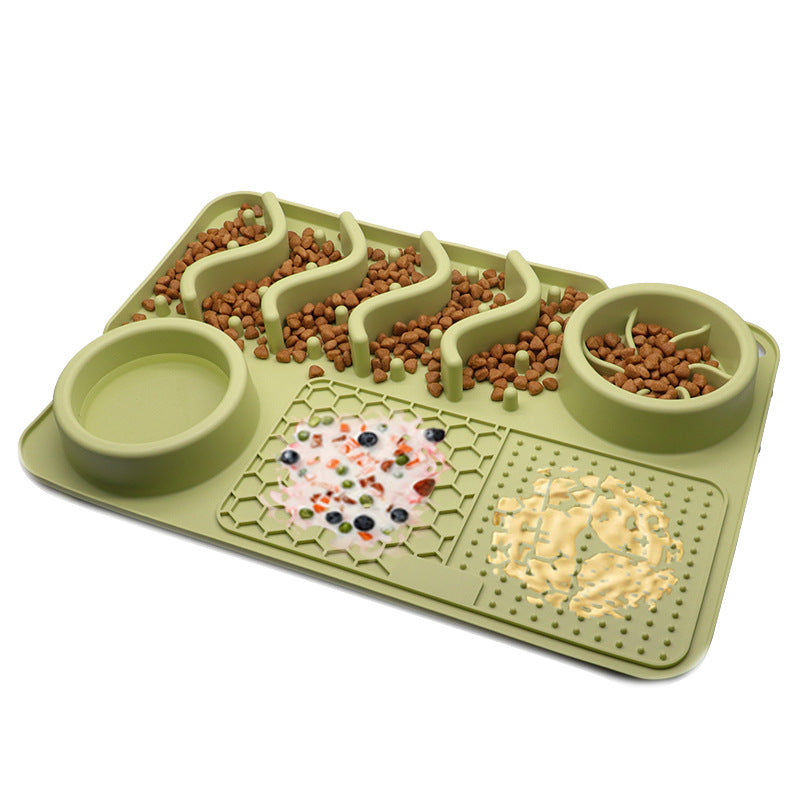 Green pet feeding and water station with compartments for food and water on a white background