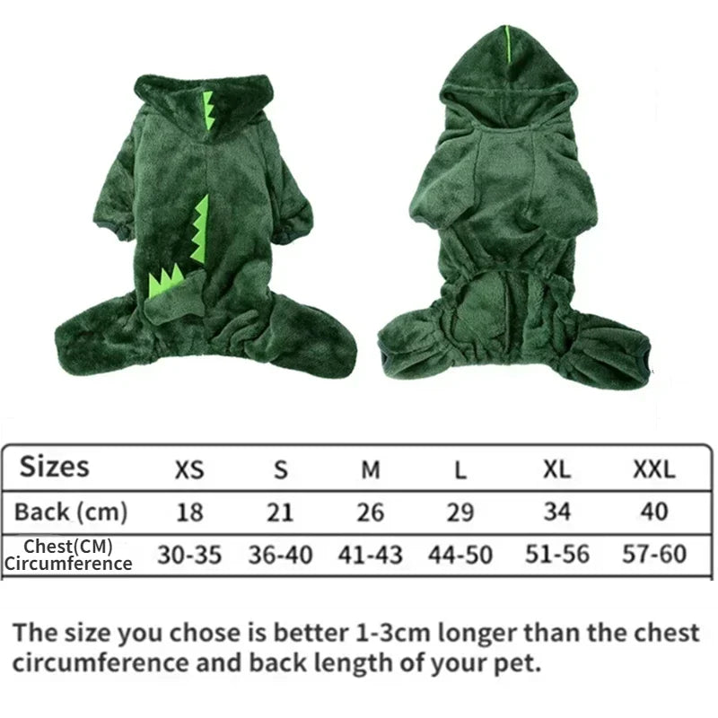 Green dinosaur costume with size chart on a white background
