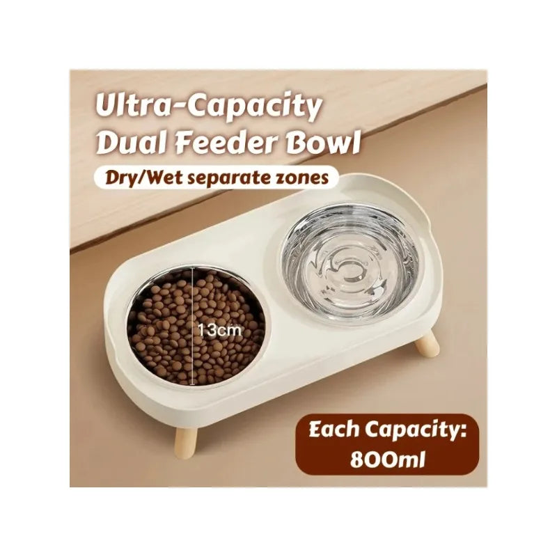 Ultra-Capacity Dual Feeder Bowl with dry and wet food zones on a beige background