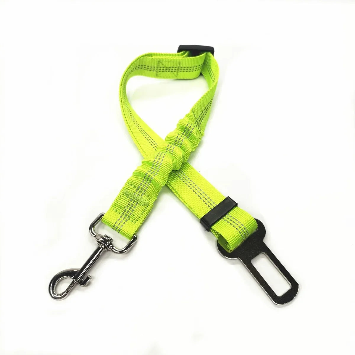 Neon green dog car seat belt with metal clip on a white background