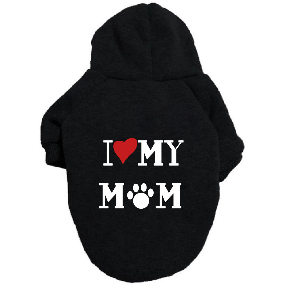 Black pet hoodie with 'I ❤️ MY MOM' text on a white background