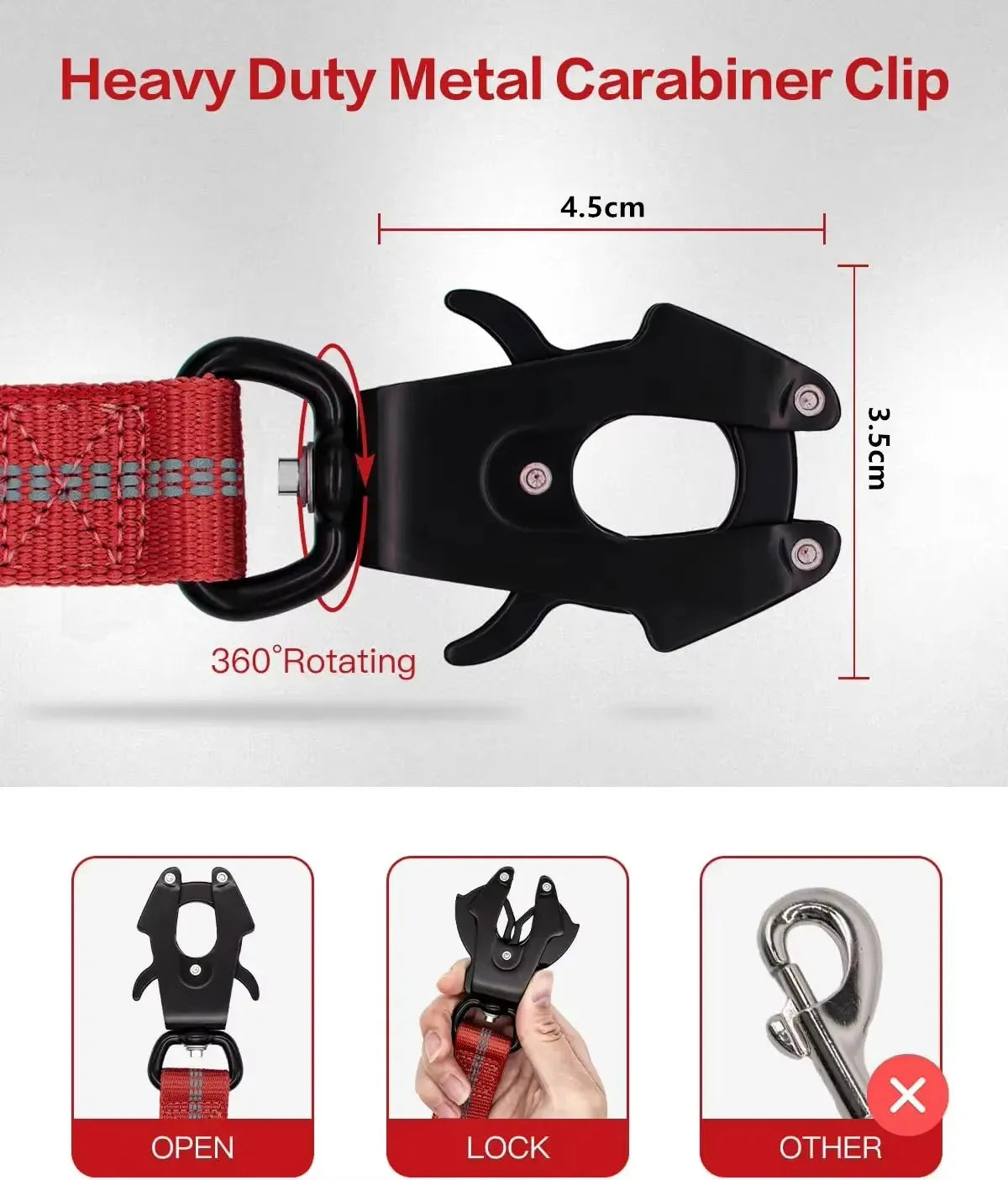 Heavy-duty metal carabiner clip with red strap and measurements on a white background
