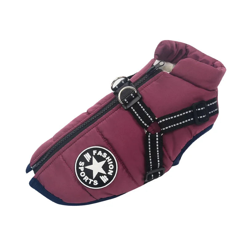 Maroon dog coat with a visible brand logo on a white background