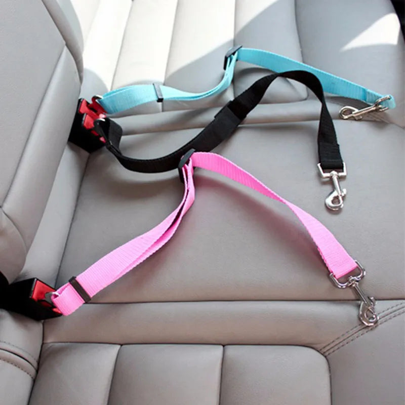 Pink and black dog leash with a blue handle on a car seat.