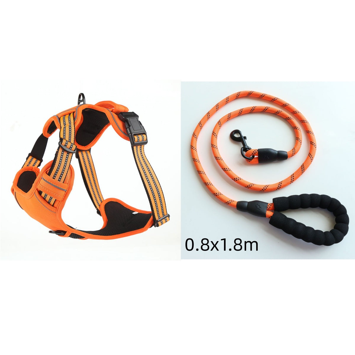 Orange dog harness and leash set on a white background
