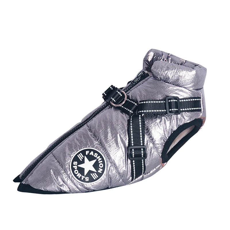 Silver dog coat with a black star logo on a white background