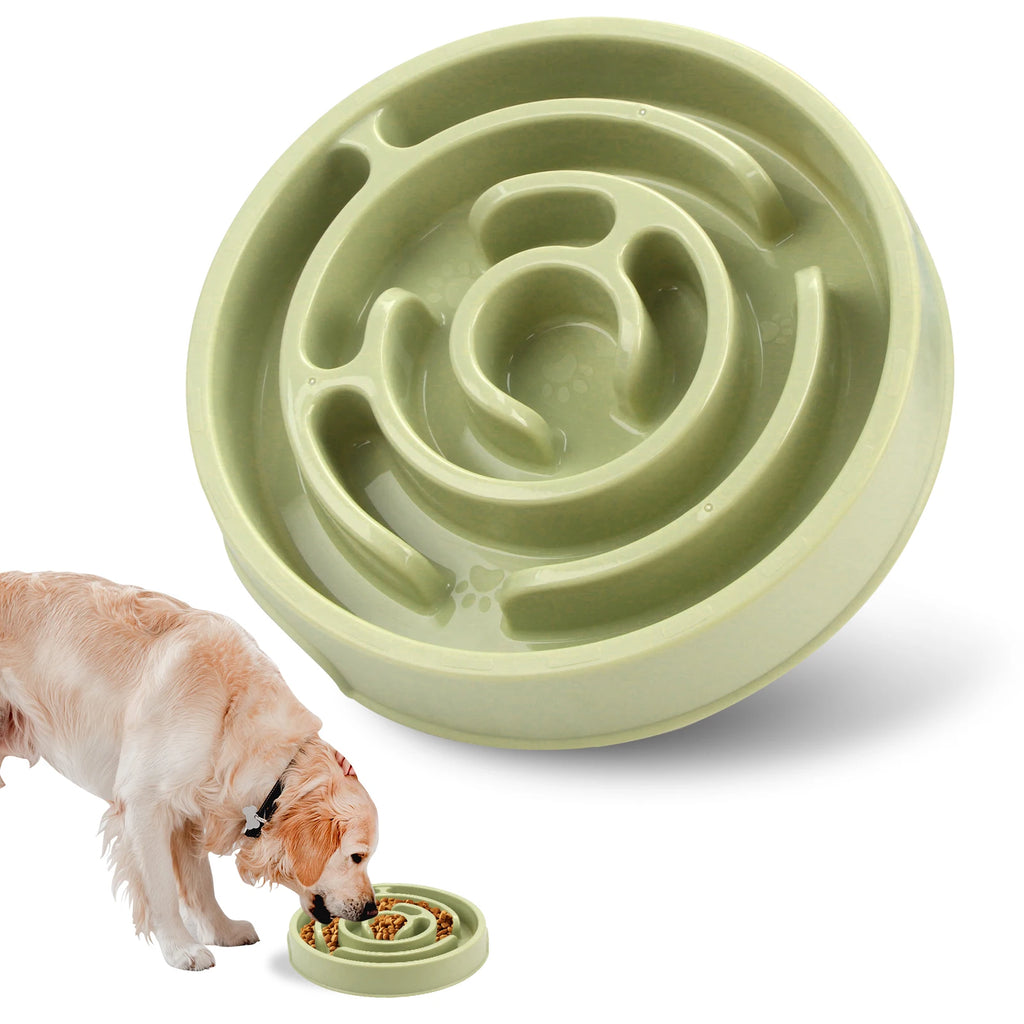 Green maze-style dog bowl with a dog eating from it on a white background