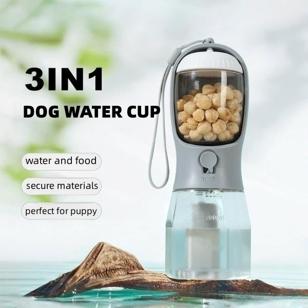 3-in-1 dog water cup with water and food compartments on a natural background