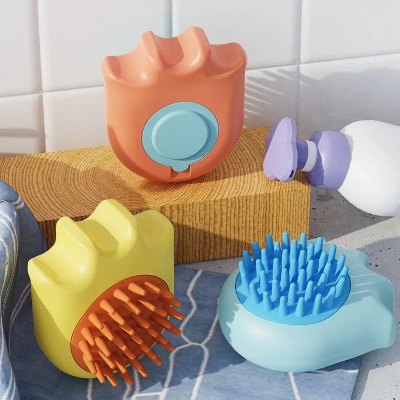 Colorful pet grooming tools on a tiled bathroom floor.