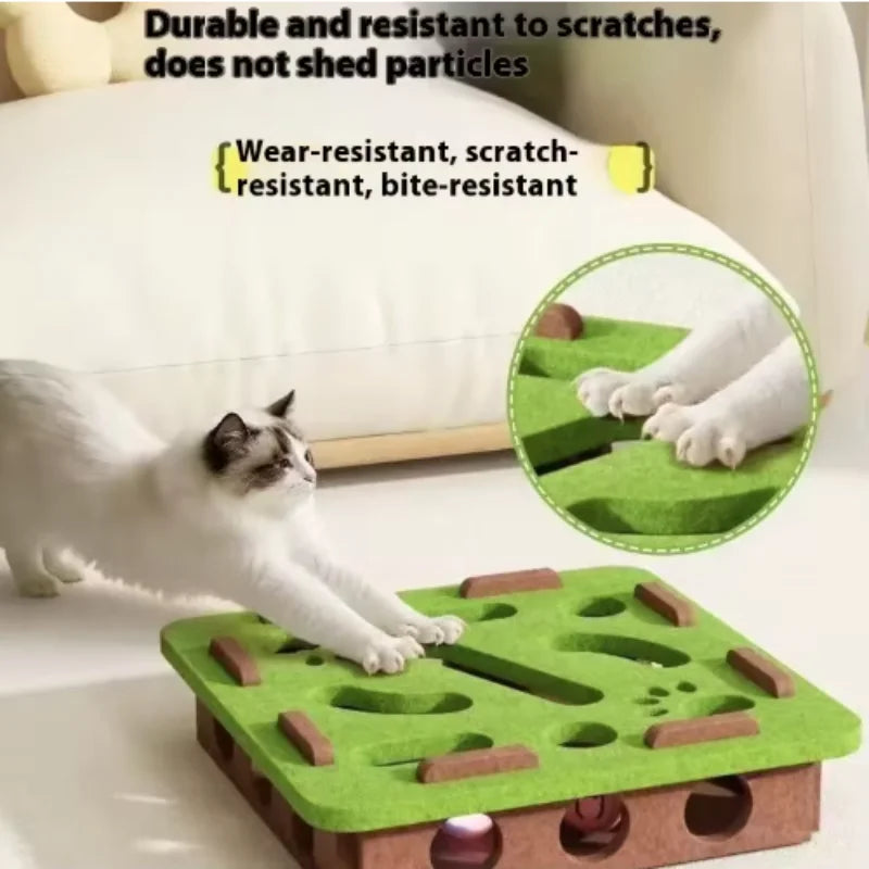 Cat using a green and brown scratch pad with text highlighting its durability and resistance to scratches.