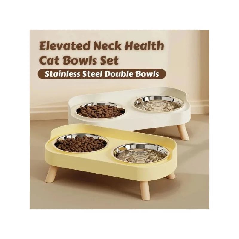 Elevated neck health cat bowls set with stainless steel double bowls on a beige surface.