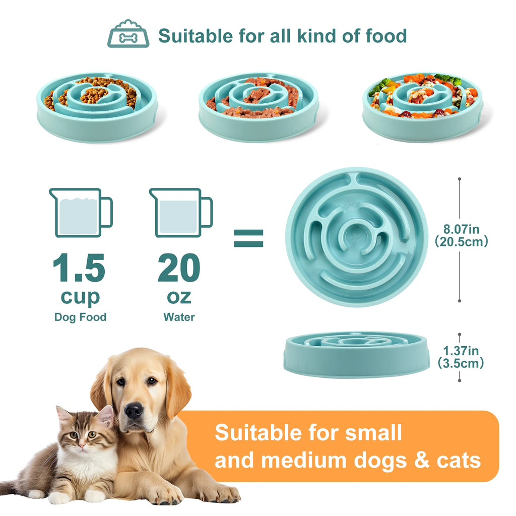 Pet feeding bowl with measurements and suitability for small to medium dogs and cats.