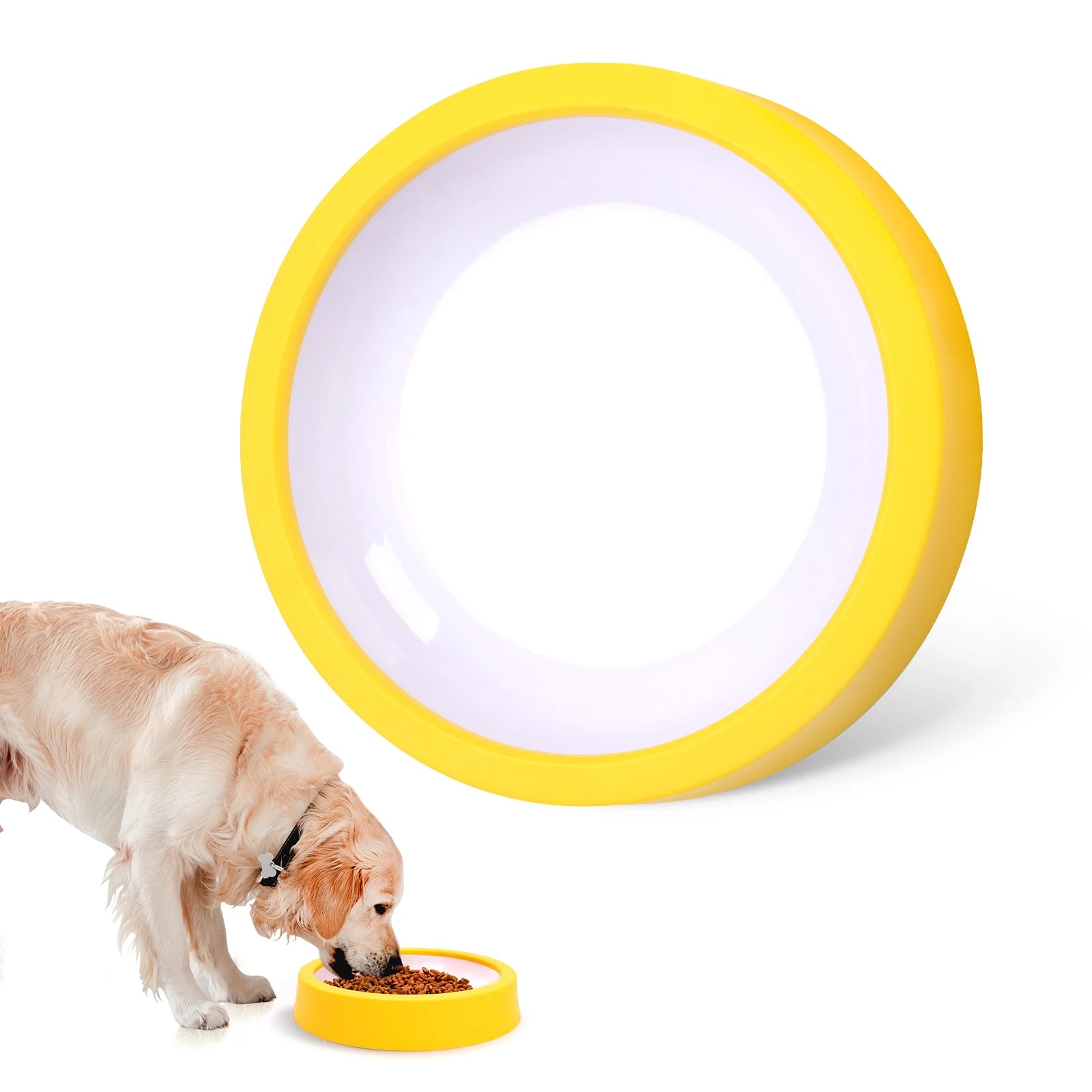 Dog eating from a yellow pet food bowl on a white background