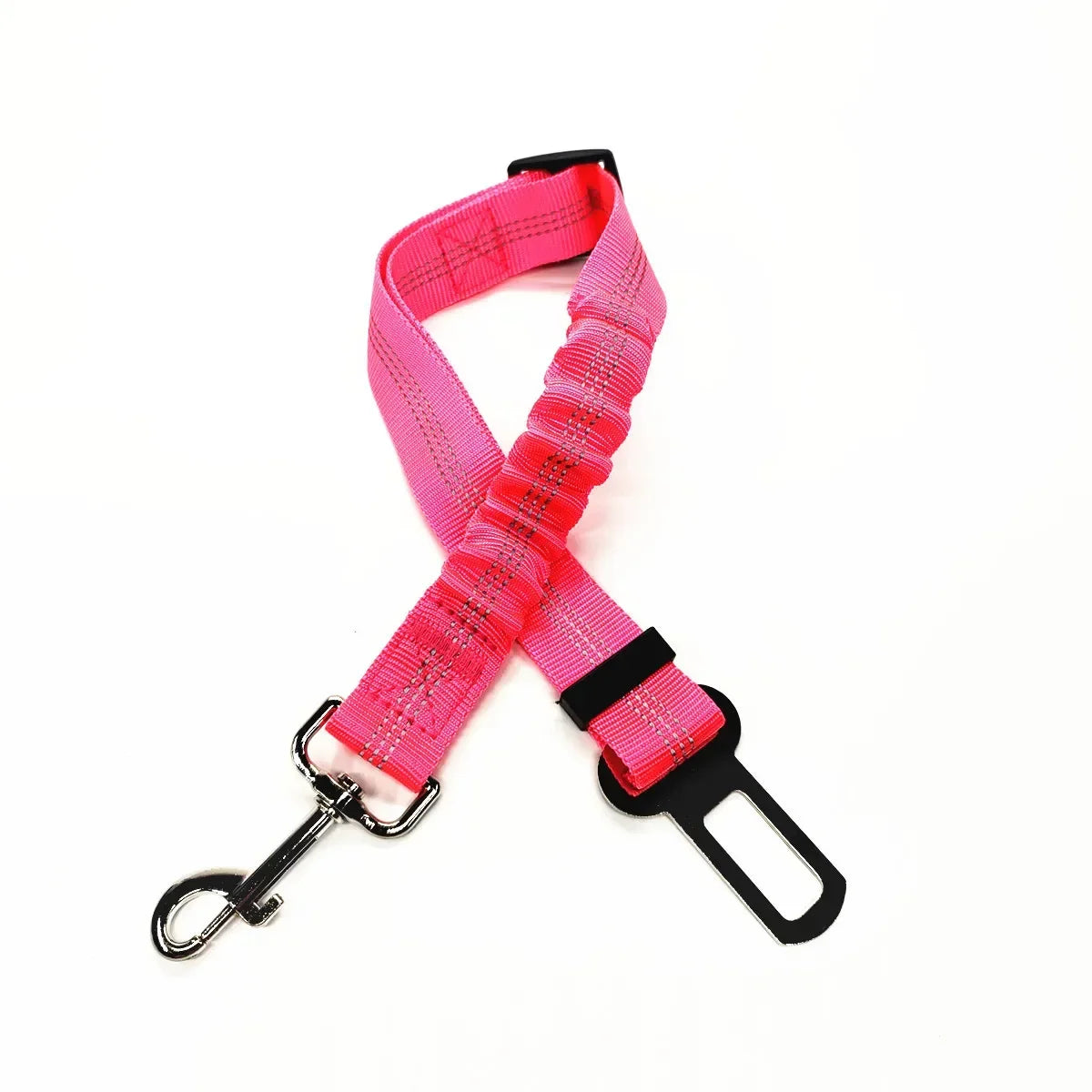 Pink dog leash with black clip and carabiner on a white background