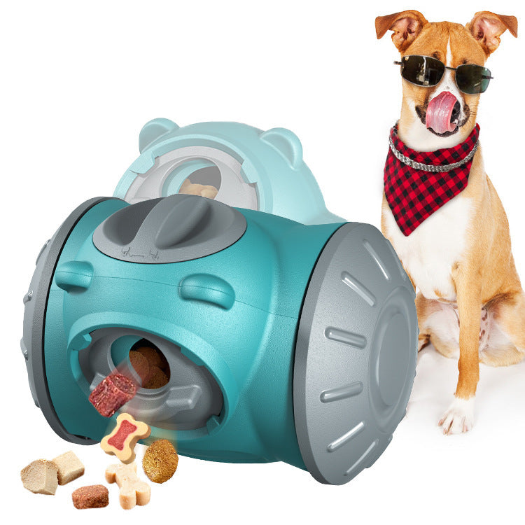 Pet toy with treats and a dog wearing sunglasses and a bandana on a white background
