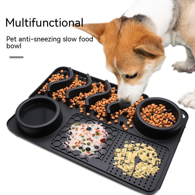 Pet anti-sneezing slow food bowl with a dog eating from it