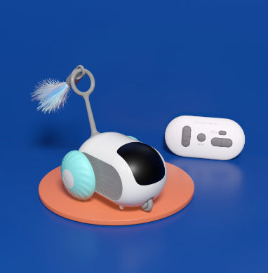 White robot-like toy with a blue ball on a pink base against a blue background