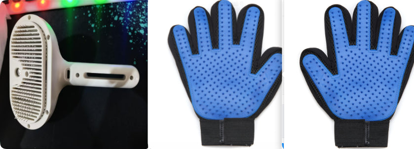Pet grooming brush and two blue grooming gloves on a white background