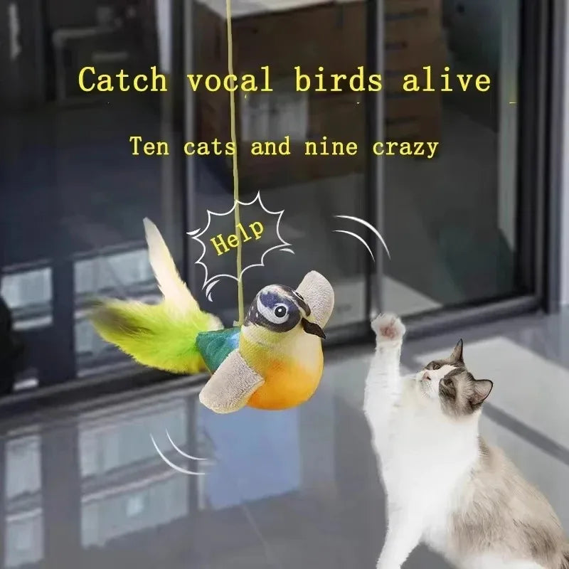 Cat playing with a bird-shaped toy with text 'Catch vocal birds alive' and 'Ten cats and nine crazy'.