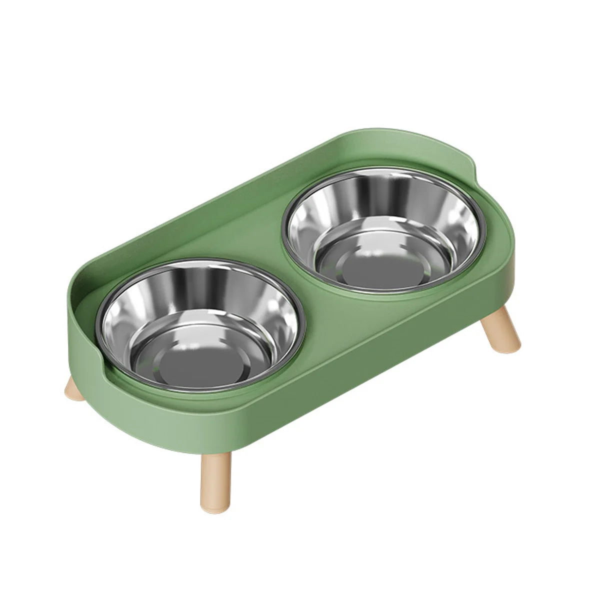 Green pet feeder with two stainless steel bowls on a white background