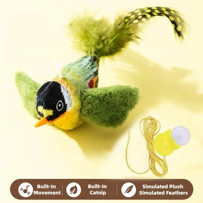 Plush bird toy with feathers and built-in movement on a light yellow background