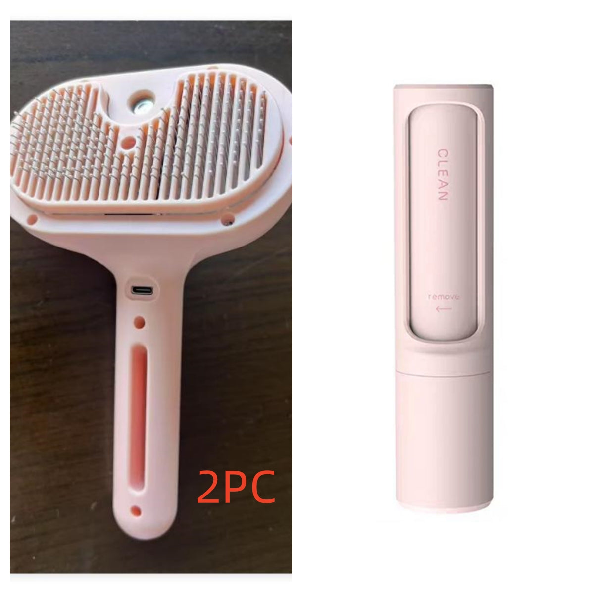 Pink pet grooming brush with cleaning module on a white background