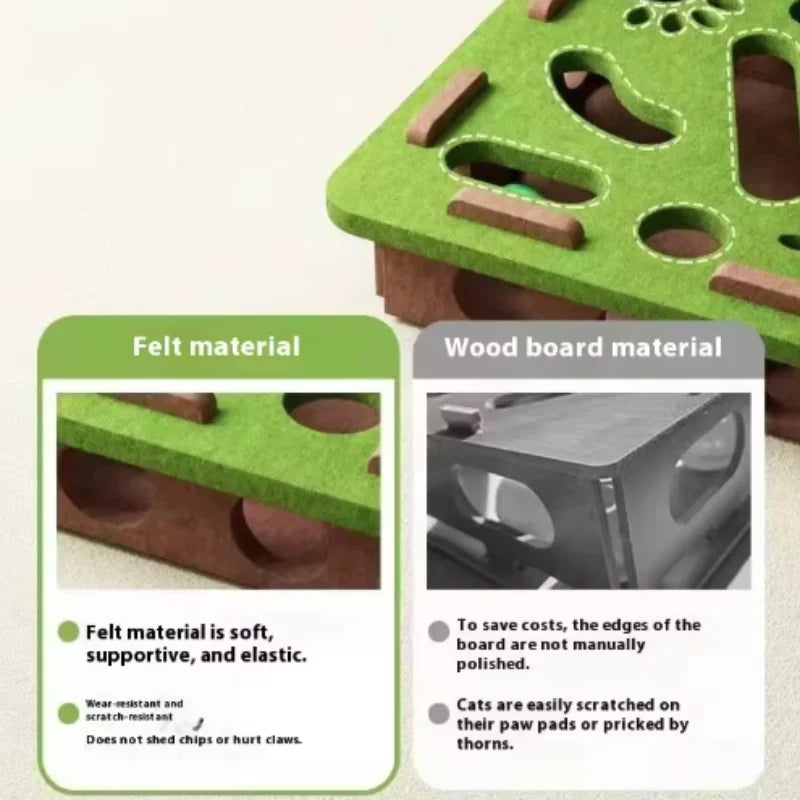 Green cat toy board with felt and wood material comparison on a beige background