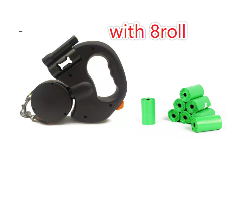 Black retractable dog leash with 8 green rolls on a white background