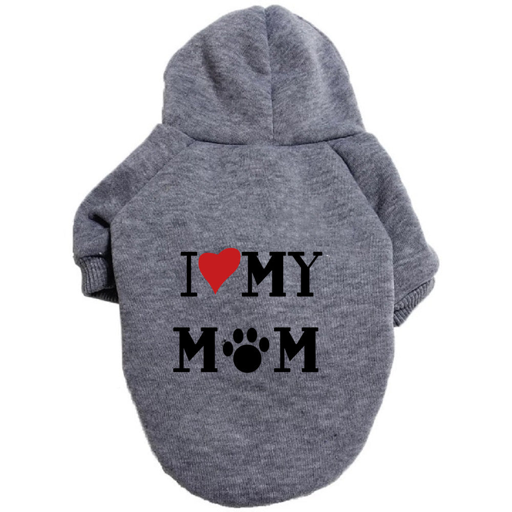 Gray pet hoodie with 'I ❤️ MY MOM' text on a white background