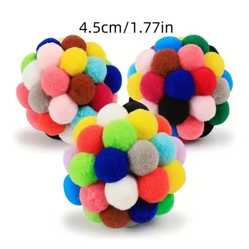 Colorful pom-pom balls with a size label on a white background