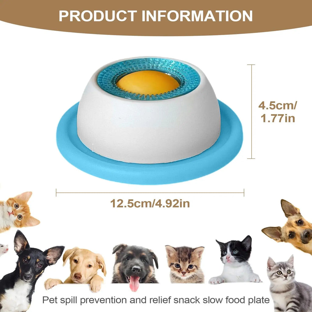 Pet slow feed bowl with measurements and images of pets around it