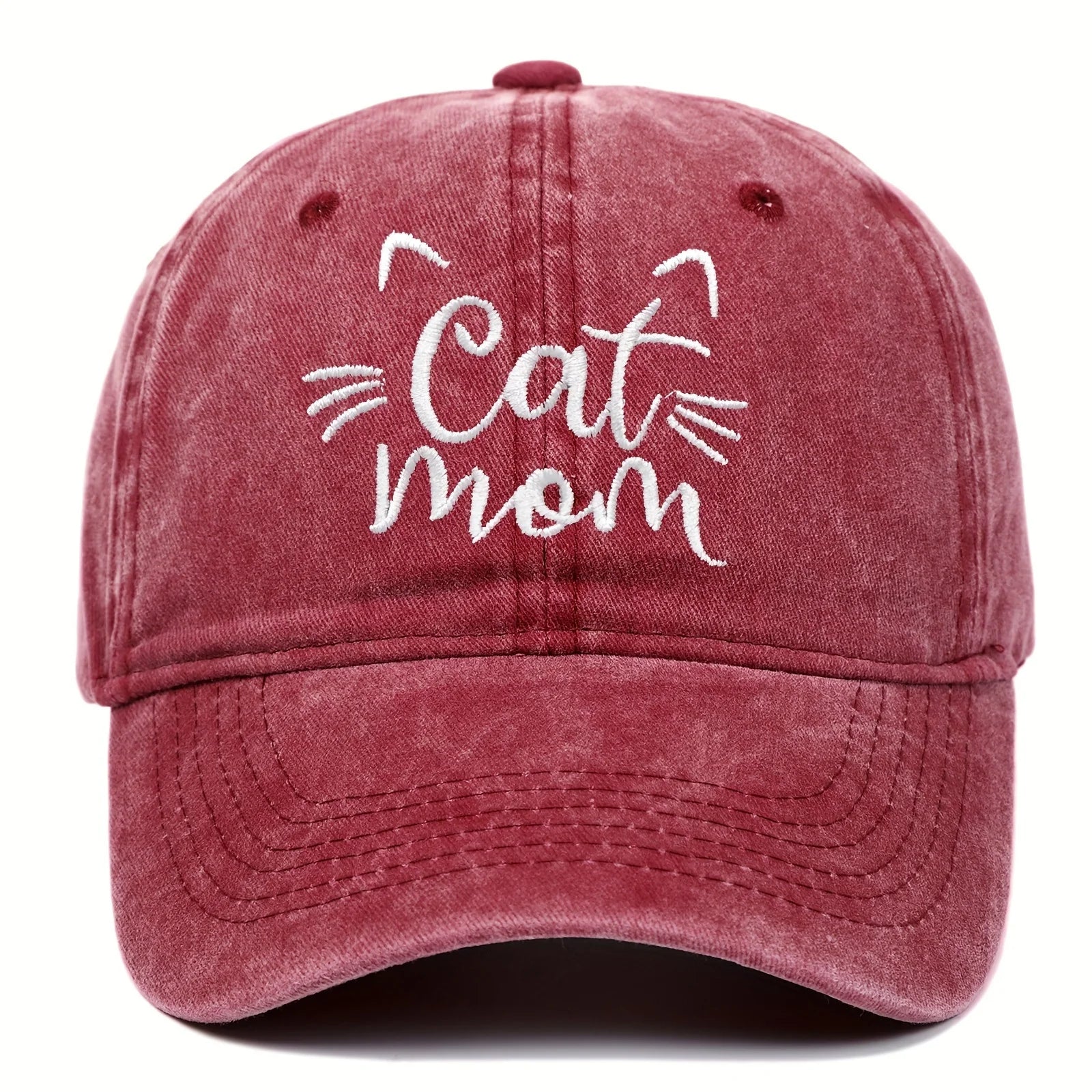 Red cap with 'Cat Mom' text on a white background